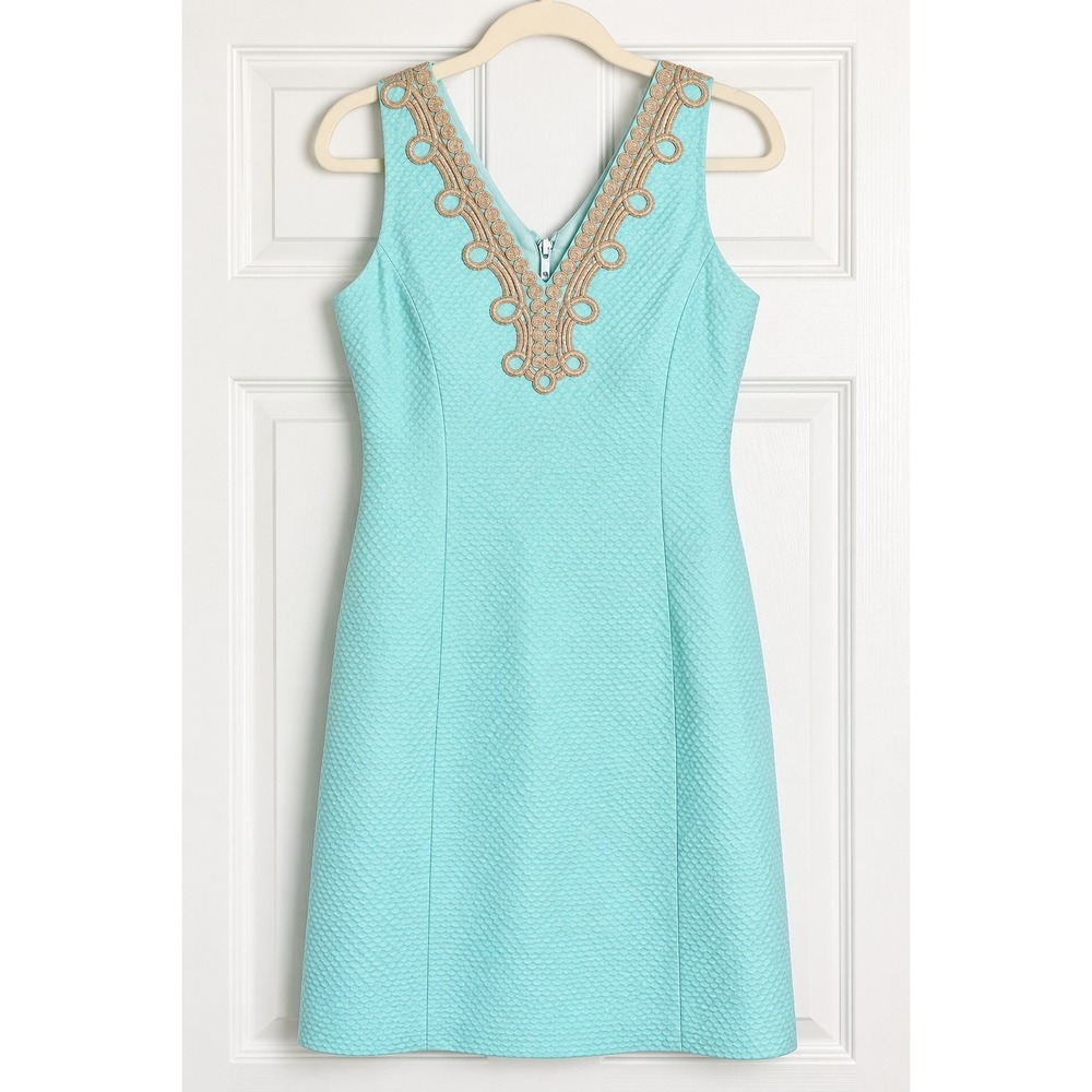 Lilly Pulitzer Dress Womens 4 Aqua Blue Gold Embroidered V Neck Shift Sheath